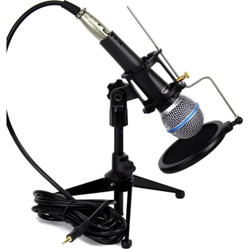 Professional Vocal Wired Dynamic Microphone 3.5mm Plug & Desktop Mic Stand Mount Pop Filter For BETA 58A Computer Karaoke System