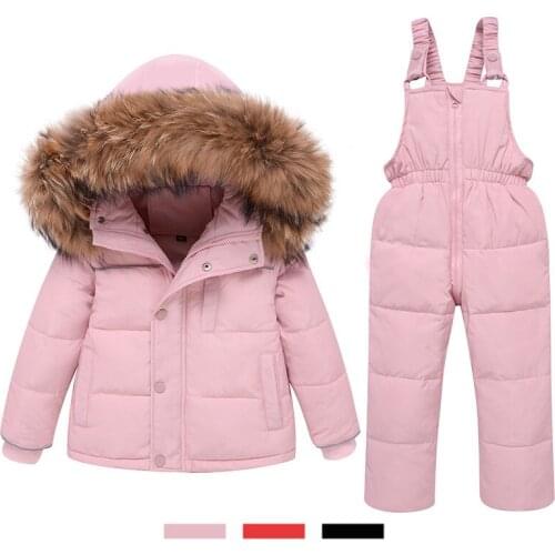 New Children Down Jacket Suit for Girls Boys Thicker Winter Fur Collar Coat and Pants Warm Kids Clothing Baby Suspender Trousers