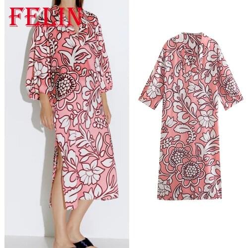 Za 2021 Chic Floral Print Vintage Dress Long Sleeve V Neck Loose Midi Dress Boho Autumn Fashion Elegant Mujer Vestidos