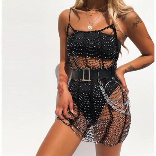 Slim Crystal Diamond Mesh Sexy Bodycon Dress Women Hollow Out Fishnet Summer Beach Mini Dress Fishnet Rhinestone Party Vestidos