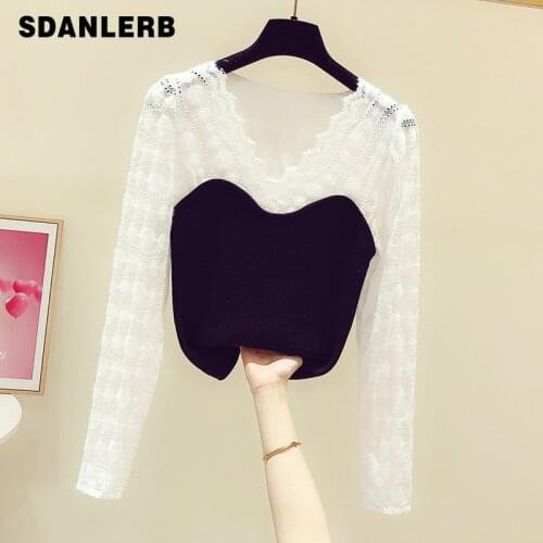 2021 Spring Autumn New Sexy Lace Shirt V-neck Short Stitching Slim Fit Long Sleeves Patchwork Knitwear Pullover Top for Women