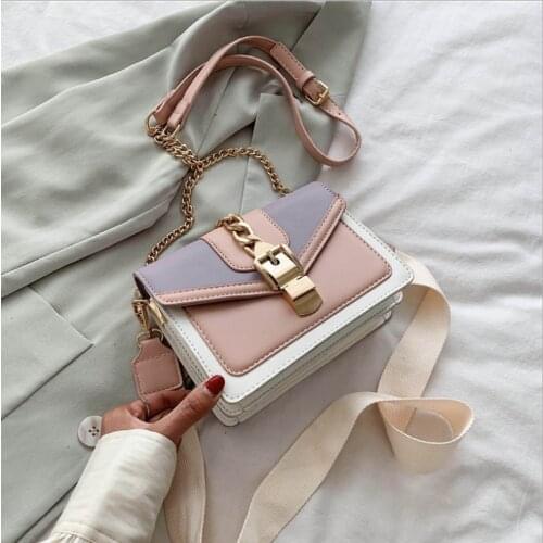 Fashion chain lady Sling bag Panelled color PU Leather Crossbody Bag For Women 2021 new Wide strap Shoulder Messenger Bag Ladies