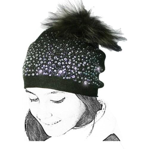 Knitted Hat Woman Green Wool Strass Pompom Glitter Sparkly Crystals Ball