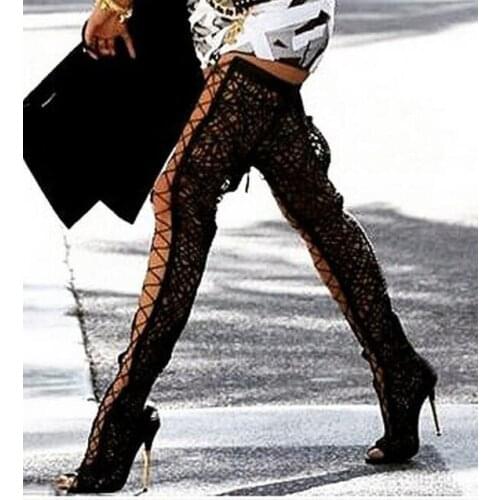 Real Photo Thigh High Cut Out Peep Toe Women Summer Long Boots Black Lace Gladiator Strappy Over Knee Summer Stiletto Heel Boots