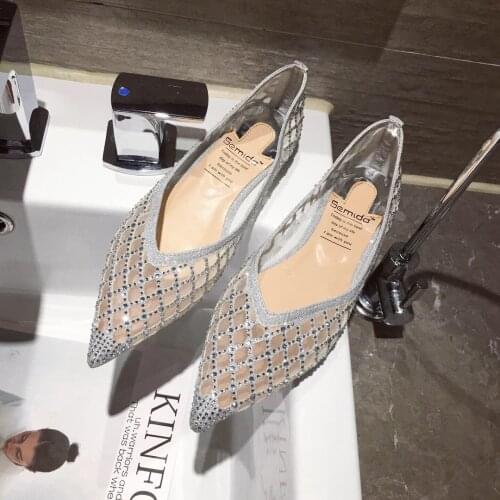 Pointed Shallow Water Diamond Fairy Wearing Flat Sole Single Shoe Mesh Air Permeable Hollow Beans Shoes female shoes