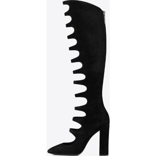 Black Suede Cutouts Thigh High Boots Women 2018 Back Zipper Summer Autumn Chunky High Heels Sandal Knee High Boots Botas