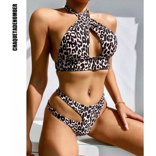 2021 Sexy cross Bikinis Two Pieces Leopard Print Swimwear Women Summer Bathing Suit Halter biquini Beach Wear Bikini Swimsuit