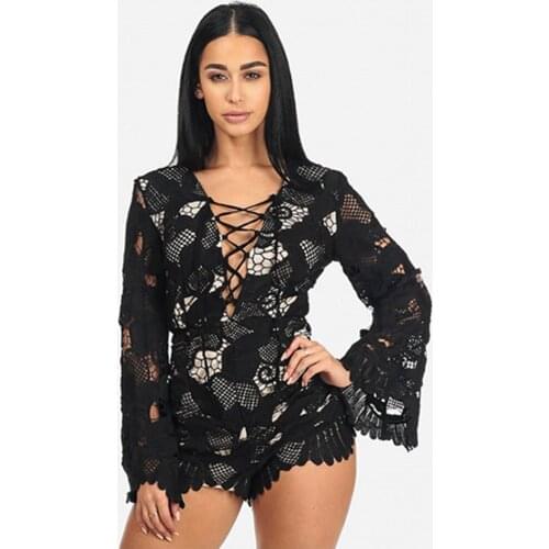 Womens Solid Color Lace V-Neck Long-Sleeved Lace-Up Jumpsuit