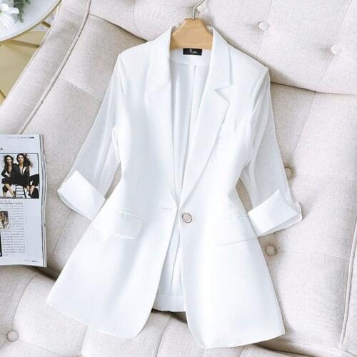 White Suit Jacket Female 2021 Autumn New Korean Fashion Slim Women Solid Color Casual Half Sleeve Summer Thin Blazers aq1049