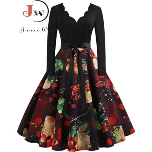 Women Elegant Vintage Christmas Party Dress Long Sleeve V Neck High Waist Casual Midi Xmas Winter Clothing Plus Size S~3XL Robe