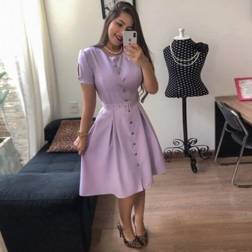 2019 Front Buttons Dress Short Sleeve Women Pleated Dresses Fashion Vintage midi vestidos Casual