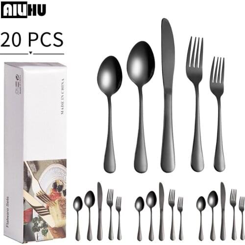 20pcs Black Western Dinnerware Set Stainless Steel Cutlery Set Fork Knife Spoon Tableware Set Flatware Set Silverware Set