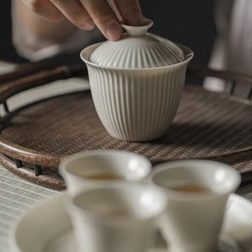 2020 Ceramic Teabowl Plant Ash Flowing Water Cover Bowl Ceramic Tea Fragrant Cover Bowl Handmade Striped Kung Fu Tea Set 130ml