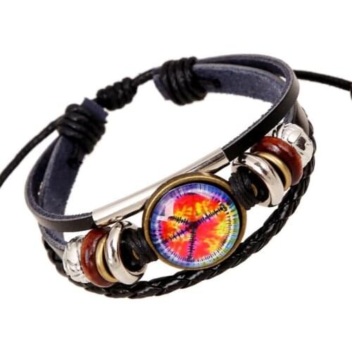 Peace Fashion Leather Bracelet Red Fire Bead Charm Adjustable Wrap for Men Women Retro Multilayer Bangle Wristbands Punk Jewelry