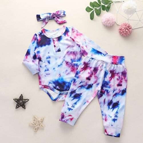 Infant Newborn Baby Girls Clothing Set Romper Tie Dye Fashion Print Costume Bodysuit Costume With Headband 3Pcs Set