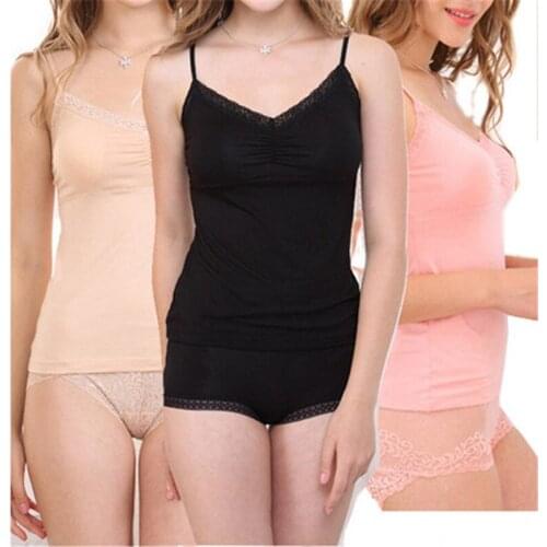 Women Solid Camisole Female Bottoming Straps Tank Sexy Lace Trim Neck Padded Vests Soft Sleepwear One Size