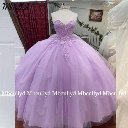Lavender Corset Back Quinceanera Dresses Appliqued Lace Ball Prom Gowns Princess Tulle Sweet 16 Dress vestidos de 15 años
