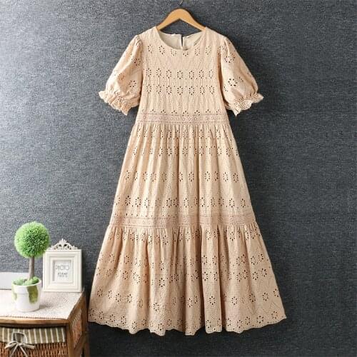 2020 New Summer Japanese Fresh round Neck Hollow Embroidered Dresses Cotton Short Sleeve Dress Women