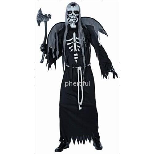 Wholesale -2016 Hot sale New Style Halloween Cosplay Costume Party Clothing for adult man knitted black hooded robe skull