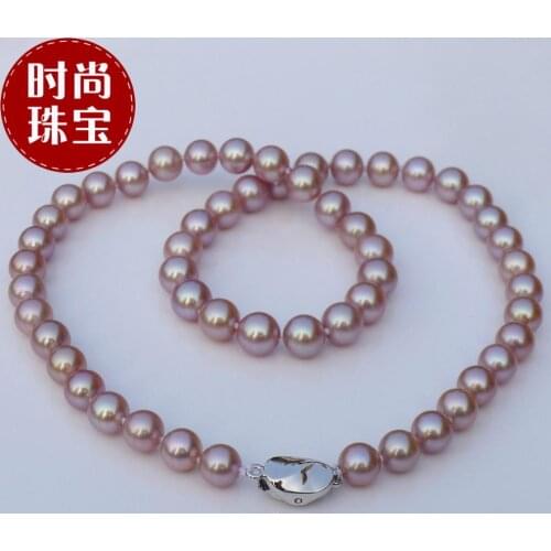 Natural pearl necklace 9-10mm purple light freshwater pearl long necklace special free shipping 18inch