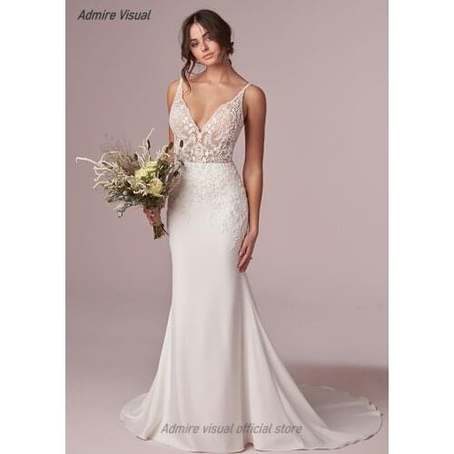 Wedding Dress A-Line V-Neck Neckline Elegant Sleeveless Lace Applique Sexy Long-Open Back Floor-Length With For Party Bride Gown