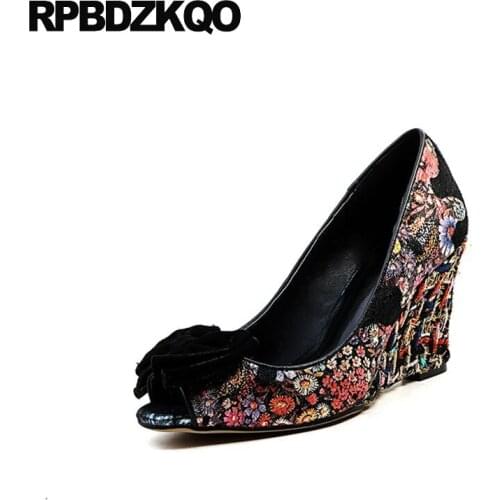 Peep Toe Top Quality Fish Mouth 3 Inch Luxury Pumps Ladies Floral Size 4 34 Bow High Heels Flower Wedge Shoes Catwalk Runway