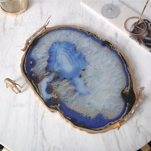 European Metal Frame Storage Trays Agate Decorative Cosmetic Container Marble Texture Desktop Organizer Tray Home Decoration