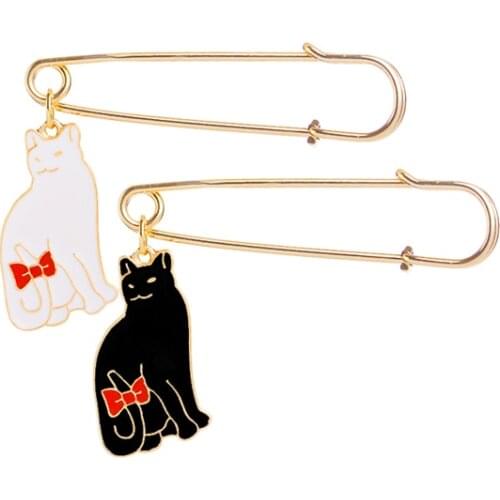 Super Cute ! White black bow Cat pins Cute animal brooch Cat lover jewelry Cat lover gifts Jewelry for women