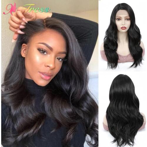 Lace Front Wig with Natural Hairline Medium Length Synthetic Wigs for Black Women X-TRESS Dark Brown Heat Resistant Fiber Wigs