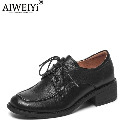 AIWEIYi Sheep Leather Shoes Women Spring Leather Med Heels Lace Up Platform Pumps Round Toe Shoes