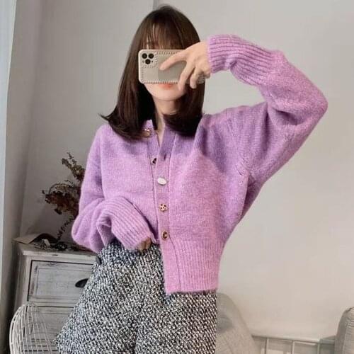 Ladies Sweater Autumn and Winter New Solid Color Knitted Cardigan Round Neck Loose Long-sleeved Short Alpaca Sweater