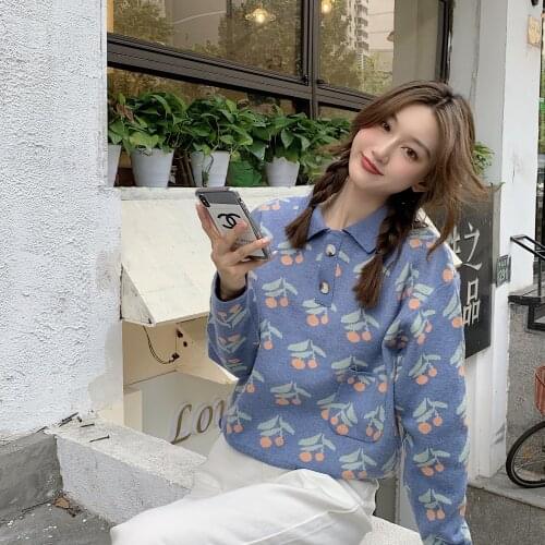Autumn winter Sweet Women Sweater POLO collar Loose pullovers Cute Cherry Print Knitting sweater Female Tops
