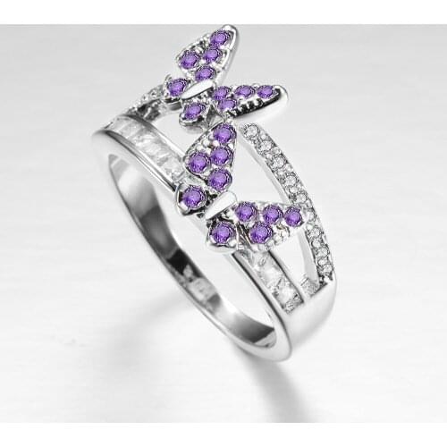 Womens Purple Fashion Butterfly Ring Purple Zircon Fashion Creative Closed Metal Ring Colorful Decoration Set Party Jewelry