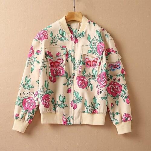European and American womens autumn 2021 new Long sleeve rose print nail-bead butterfly Fashion zipper coat