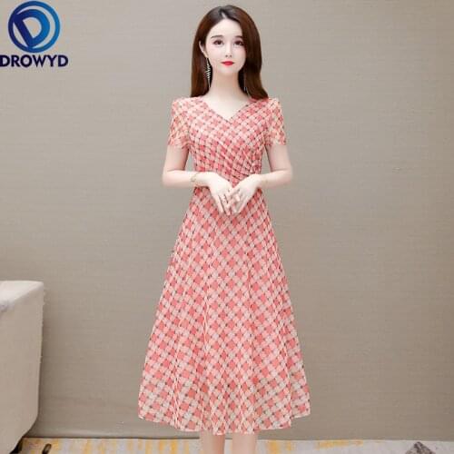 2021 Beach Pink Print Midi Dress Women Summer Fashion Short Sleeve V-neck Bodycon Chiffon Dress Elegant Boho Sexy Party Vestidos