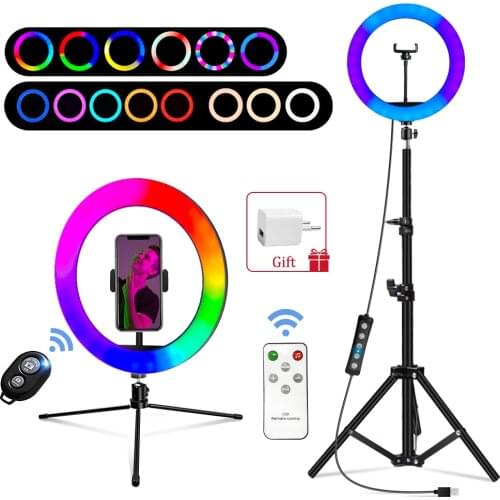 10/12/13 Inch Selfie Ring Light 45 Colors RGB Ring Ligh with Extendable Tripod Stand Phone Holder for Makeup YouTube Photography