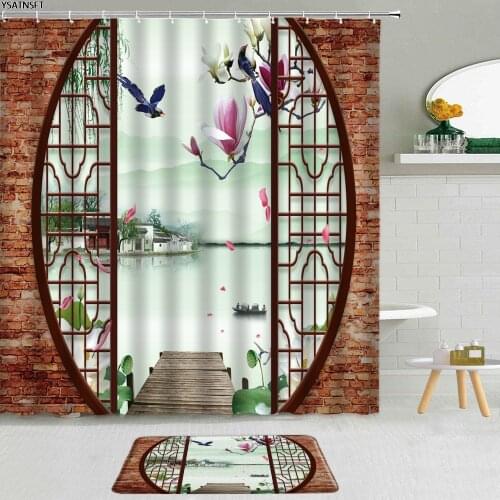 2Pcs Chinese Style Screen Landscape Painting Shower Curtain Pond Lotus Koi Stone Fabric Non-Slip Bath Mat Bathroom Curtains Set