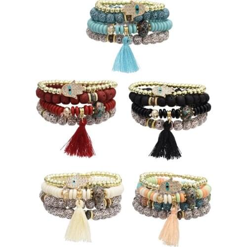5-Piece Set Of Fashion Bohemian Natural Stone Beaded Bracelet Set For Women Adjustable Multicolor Vintage Jewelry Gift