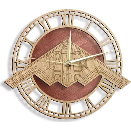 B-2 Spirit Stealth Bomber Fighter Attack Warplane Wooden Wall Clock Air Force Home Decor Aviation Hanging Timepiece Wood Clock