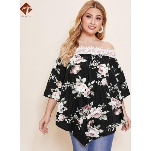 Plus Size Womens Off The Shoulder Blouse Summer Floral Print Loose Casual Shirt Hollow Out Flare Sleeve Off Lace Tunic Batwing