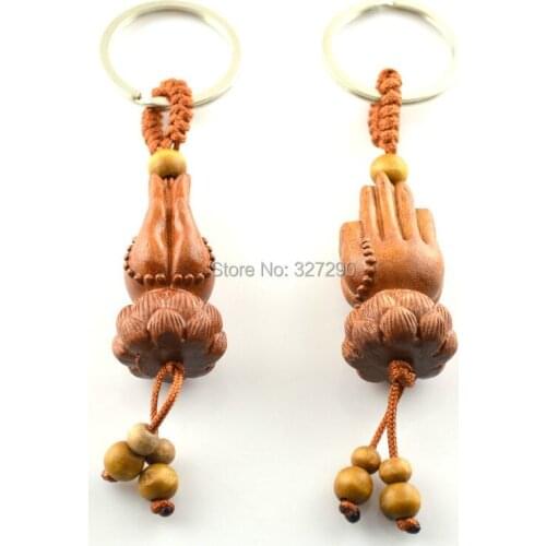 High Quality Wood Carved Hand On Louts Keychain Fashion Men and Women Key Rings Lucky Jewelry 10pc/lot