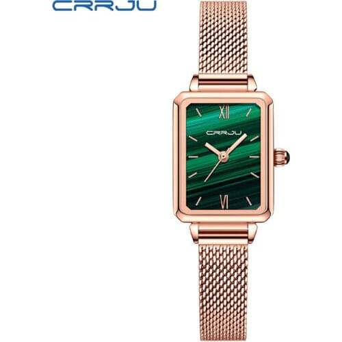 CRRJU 2173 Brand Elegant Green Female Quartz Watch Stylish Mesh Band Waterproof Minimalist Wrist Watch