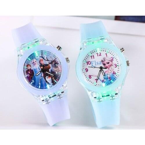 Disney Frozen Princess Pattern Children LED Watch Toys Fashion Crystal Cartoon Leather Quartz Wristwatch for Girls Kids Toy Gift
