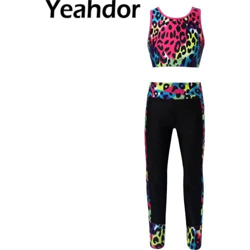 Kids Girls Sport Suit Fitness Outfit Digital Print Sleeveless Mesh Racer Back Crop Top with Leggings Set Gymnastics Dancewear