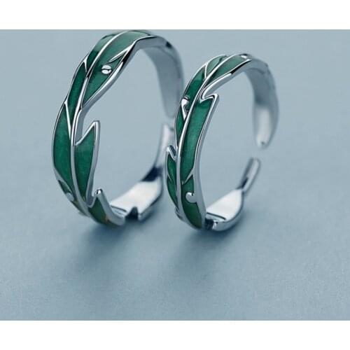 Sweet Romantic Blue Crystal Flying Bird Fish Green Leaves Elk Couple Ring For Love Silver Color Resizable Rings Wedding Jewelry