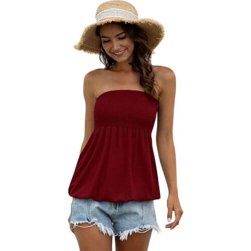 Summer Solid Color Pleated Sexy Sleeveless Strapless Blouses Loose Hem Off Shoulder Blouse Fashion Ruffled Collarless T-shirt