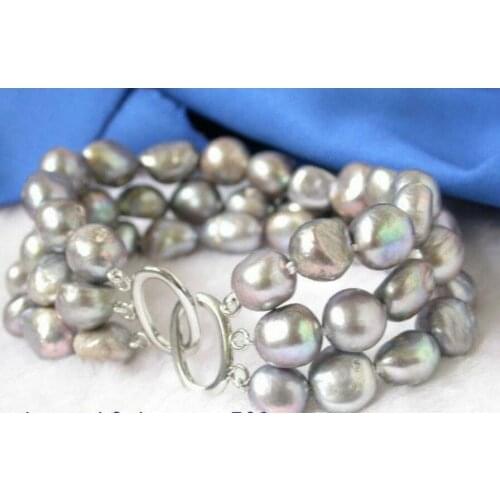 Fashion jewelry Free Shipping unique 3strands 9-11mm gray baroque pearls bracelet bangle 7.5 ASA