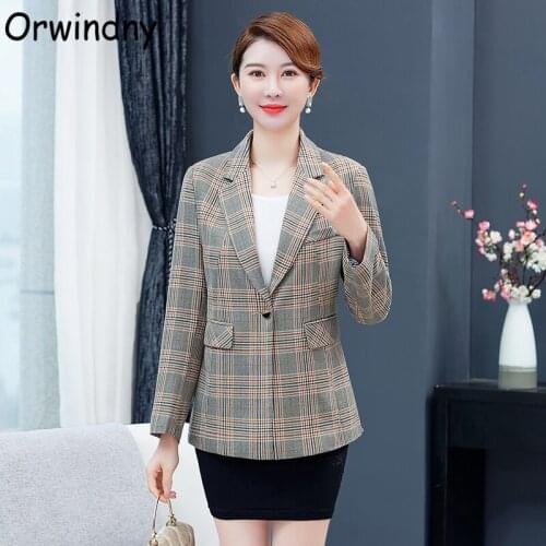 Orwindny 5XL Plus Size Fashion Office Wear One Breasted Plaid Blazer Coat Long Sleeve Pockets Female Brooch Suit Jacket Outwear