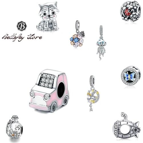 Bellafay Customed Real 925 Silver Car Beads Flower Dangles Jellyfish Charms Fits Original Bracelet Bangles Girls DIY Jewelry