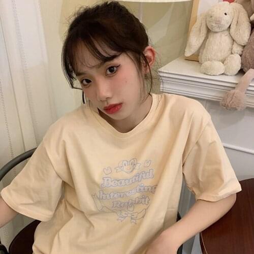 Casual Loose O-Neck T-Shirt Women Japanese Letter Printed Short-Sleeved Top Original Harajuku Cute Sweet Student Streetwear